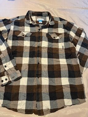 Columbia Brown Black and Cream Plaid Button-Down Shirt